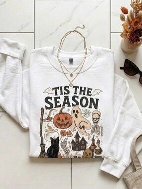 Tis The Season Halloween Sweatshirt Spooky Ghost Pumpkin Black Cat Crewneck